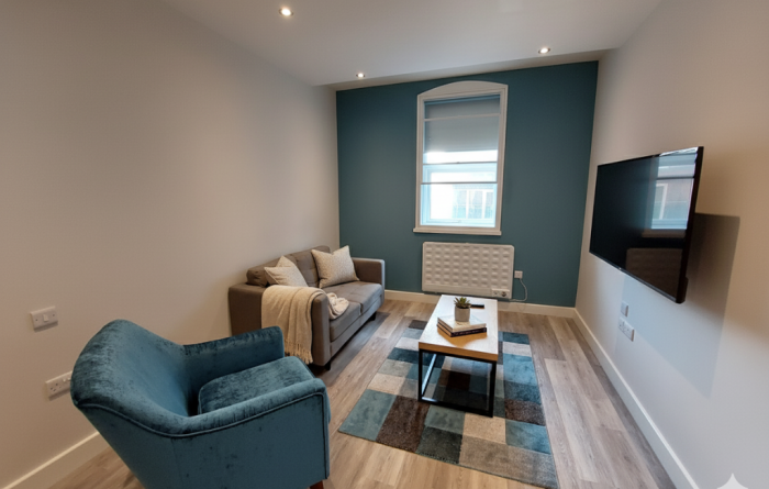 huttons buildings 1 bed apartment lounge