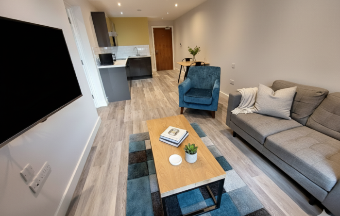 huttons buildings 1 bed apartment lounge kitchen